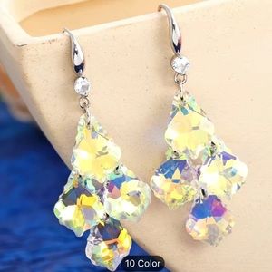 Iridescent clear and gold color layered chandelier 925 sterling silver earrings